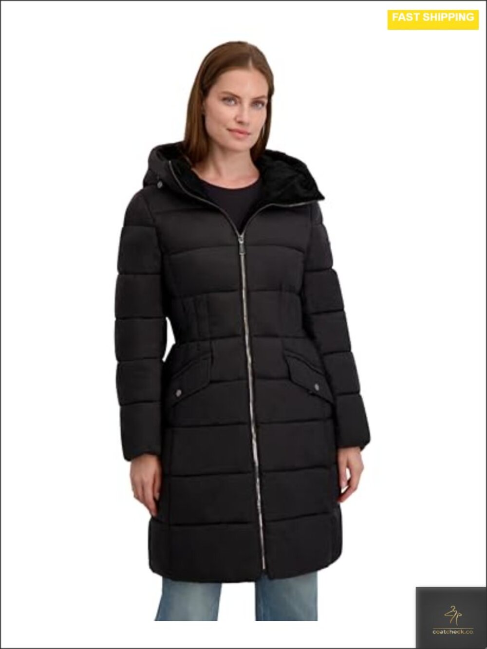 Women's Fitted Quilted Puffer Long Coat - Corduroy Hood Waist Drawstring
